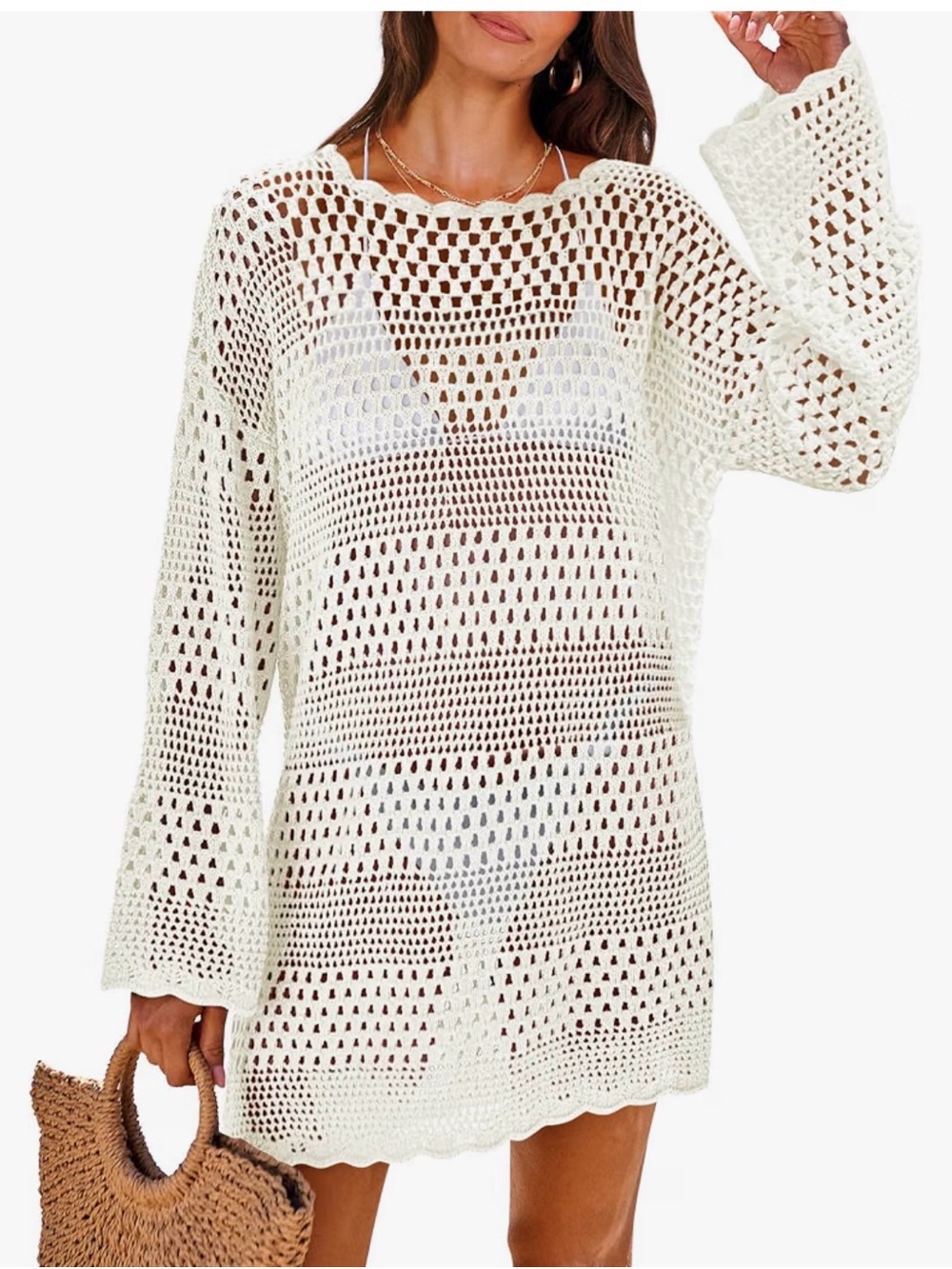 Boho Crochet Swim Cover-Up Tunic in White
